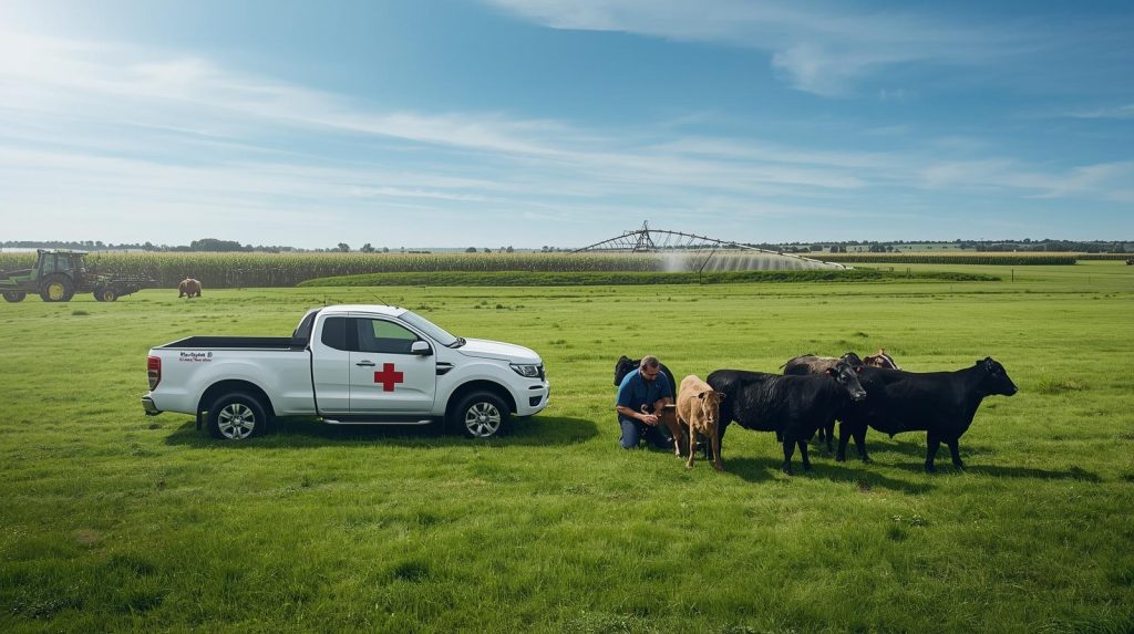 A bright, realistic landscape photograph captured in sharp focus, depicting a lush green pasture under brilliant daylight. A herd of beef cattle is gathered near the center. A modern, clean white veterinary pickup truck, featuring subtle red cross branding on the door, is parked on the grass. In the background, a large center-pivot irrigation system actively waters a distant field of corn, with a tractor visible working another field. A veterinarian, dressed in blue coveralls, kneels in the grass examining a calf, while the rest of the herd observes curiously. The top half of the image showcases a soft blue sky, providing ample space for text. The style is commercial photography, characterized by its clean, professional, and story-telling aesthetic.