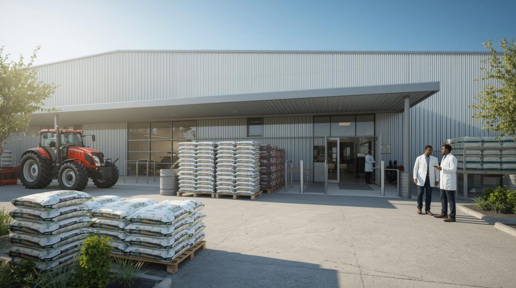 Exterior view of an agricultural supply store featuring certified seeds, a new tractor, and poultry equipment, with farmers and a veterinarian consulting outside.
