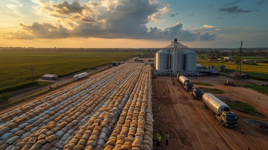 Aerial drone view of H.M. Agrovert's grain storage facility in Mkushi, Zambia, showing filled grain sacks, organized workers, and transport trucks ready to move harvest to markets and national reserves.