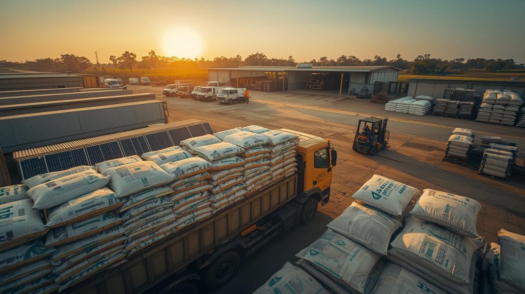 A view of H.M. Agrovert's integrated operations in Mkushi, showcasing logistics capabilities, agricultural input storage, and construction material supply.


