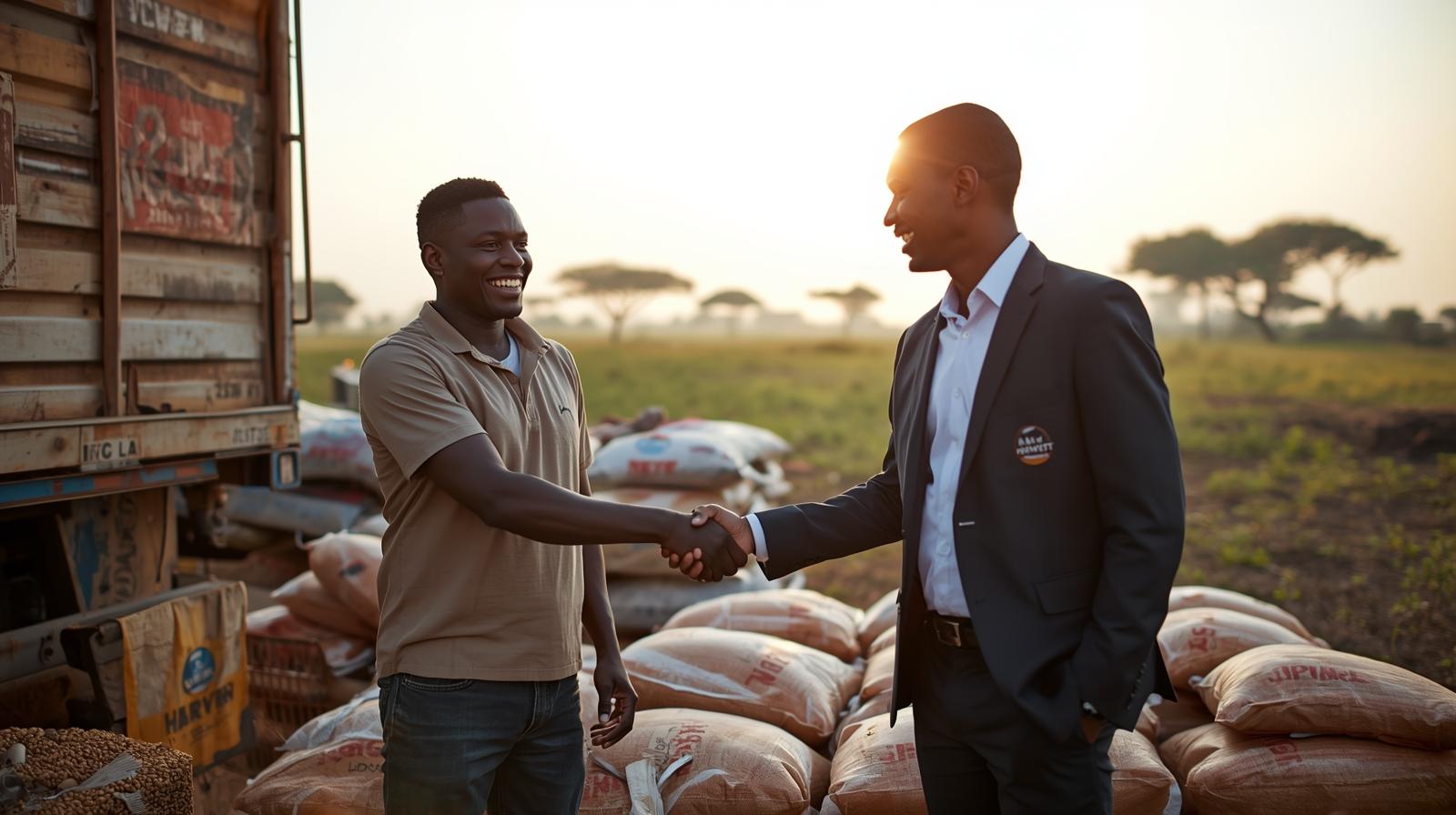 A Zambian farmer in Central Province shakes hands with an H.M. Agrovert representative beside stacked maize sacks and a company truck, symbolizing successful grain trading partnerships at sunrise.