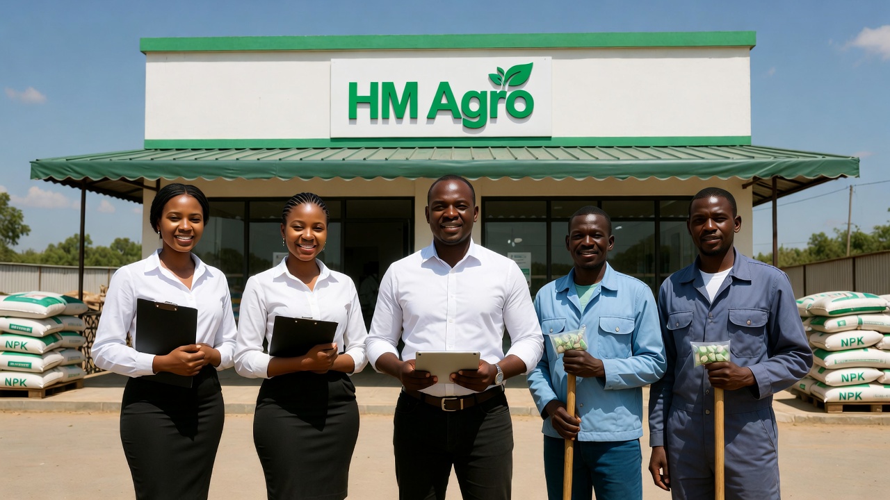 The H.M. Agrovert team standing proudly outside their Mkushi outlet, representing a decade of growth and community partnership in Zambia's Central Province.